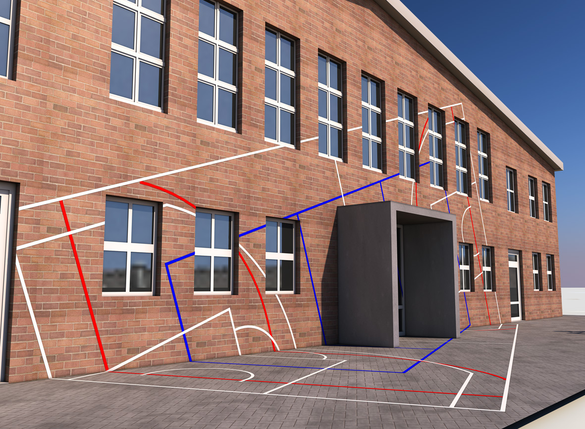 SPIELFELD I 2018 I Art in public for Sporthalle Motor Potsdam-Babelsberg I 17,9 x 5,7 x 7,7 m I road marking ink, aluminiumsheets, glass pearls
