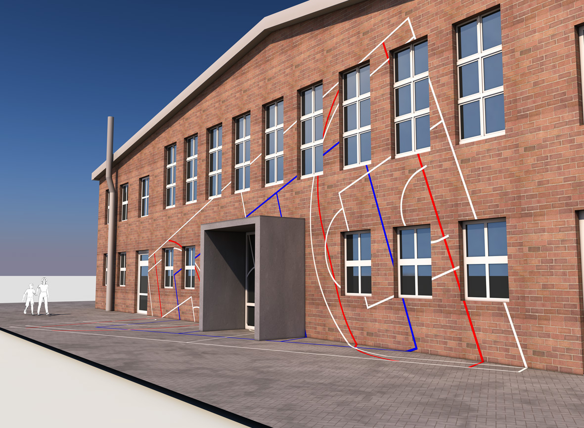 SPIELFELD I 2018 I Art in public for Sporthalle Motor Potsdam-Babelsberg I 17,9 x 5,7 x 7,7 m I road marking ink, aluminiumsheets, glass pearls